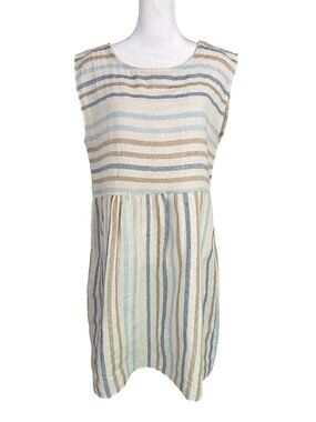 Blu Orchid Italy S 100% Linen Sleeveless Dress Beige Blue Stripe Silver Metallic